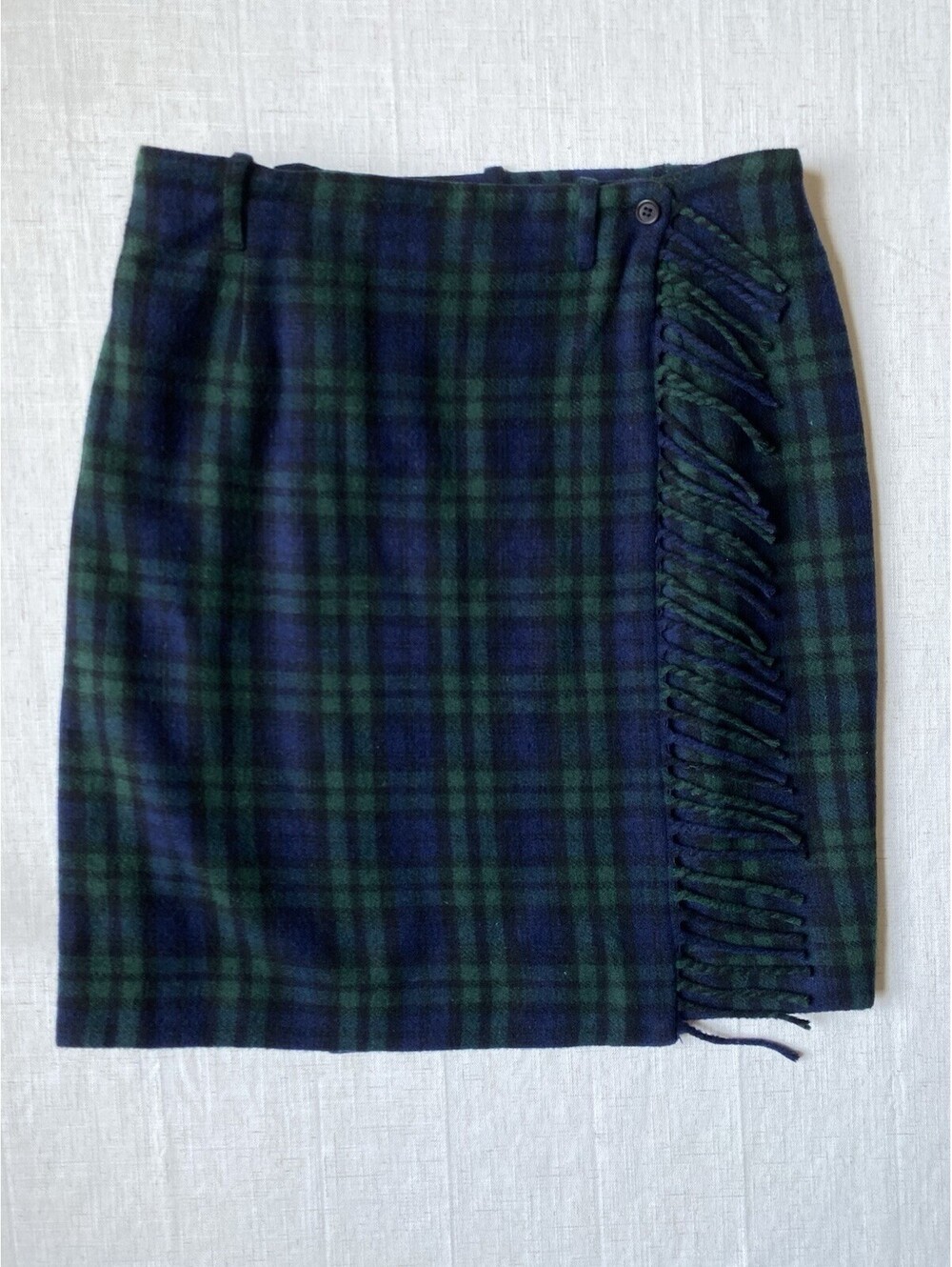 VTG Dana Pierce Black Watch Plaid Wrap Skirt Womens 12 Wool Fringe Kilt Preppy